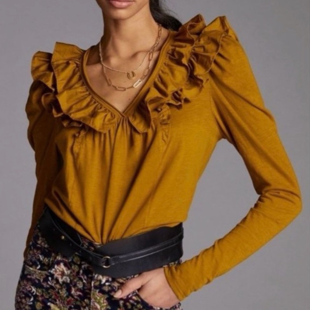 Anthropologie Women’s Ruffle V-Neck Long Sleeve Top - Mustard - gorgeous